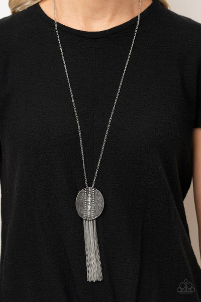 RADICAL REFINERY - SILVER RHINESTONE TEXTURED PLATE PENDANT NECKLACE - PAPARAZZI