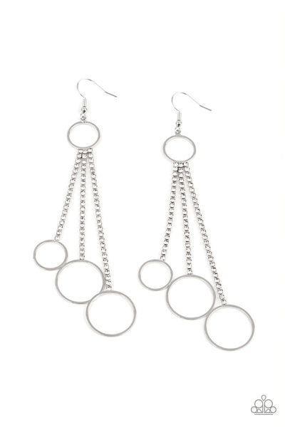 DEMURELY DAZZLING - WHITE RHINESTONE SILVER DANGLE CIRCLE EARRINGS - PAPARAZZI