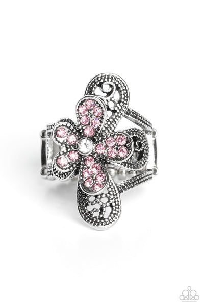 GARDEN ESCAPADE - PINK RHINESTONE FLOWER RING - PAPARAZZI