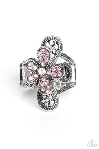 GARDEN ESCAPADE - PINK RHINESTONE FLOWER RING - PAPARAZZI