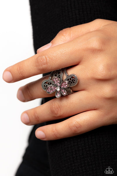 GARDEN ESCAPADE - PINK RHINESTONE FLOWER RING - PAPARAZZI