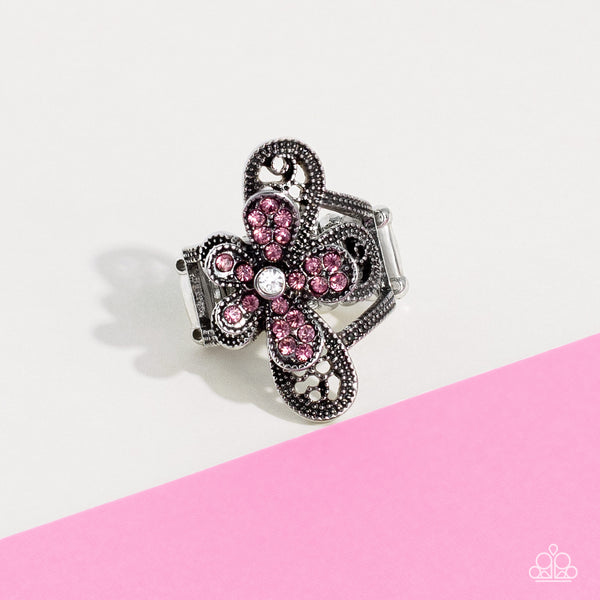 GARDEN ESCAPADE - PINK RHINESTONE FLOWER RING - PAPARAZZI