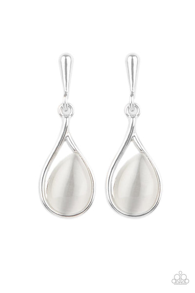 PAMPERED GLOW UP - WHITE CAT'S EYE SILVER POST EARRINGS - PAPARAZZI