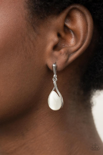 PAMPERED GLOW UP - WHITE CAT'S EYE SILVER POST EARRINGS - PAPARAZZI