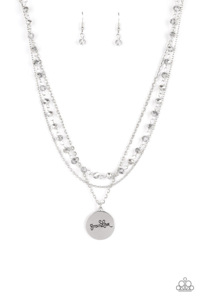 PROMOTED TO GRANDMA - SILVER METALLIC HEMATITE CRYSTAL LAYERED "GRANDMA" NECKLACE - PAPARAZZI