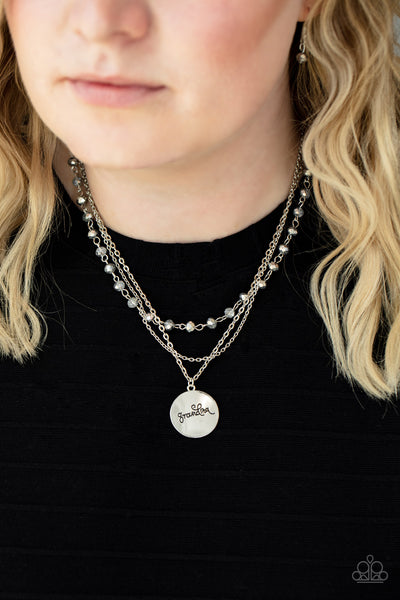 PROMOTED TO GRANDMA - SILVER METALLIC HEMATITE CRYSTAL LAYERED "GRANDMA" NECKLACE - PAPARAZZI