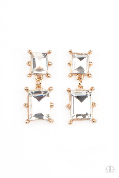 COSMIC QUEEN - GOLD FRAME WHITE GEM POST EARRINGS - PAPARAZZI