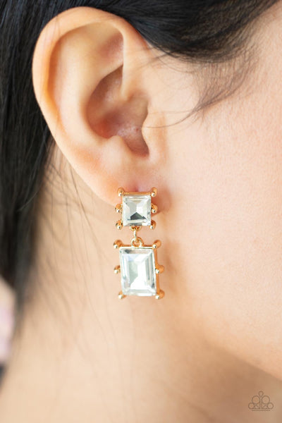 COSMIC QUEEN - GOLD FRAME WHITE GEM POST EARRINGS - PAPARAZZI