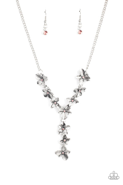 FAIRYTALE MEADOW - PINK RHINESTONE SILVER FLORAL Y NECKLACE - PAPARAZZI