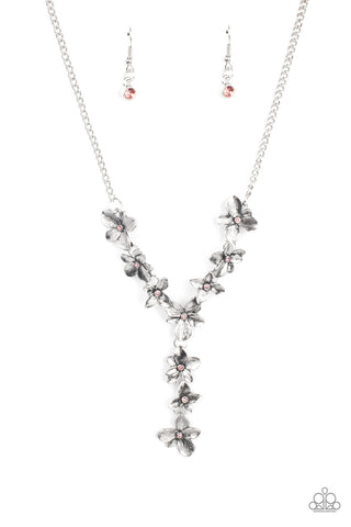 FAIRYTALE MEADOW - PINK RHINESTONE SILVER FLORAL Y NECKLACE - PAPARAZZI