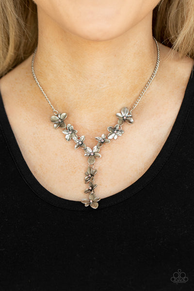 FAIRYTALE MEADOW - PINK RHINESTONE SILVER FLORAL Y NECKLACE - PAPARAZZI