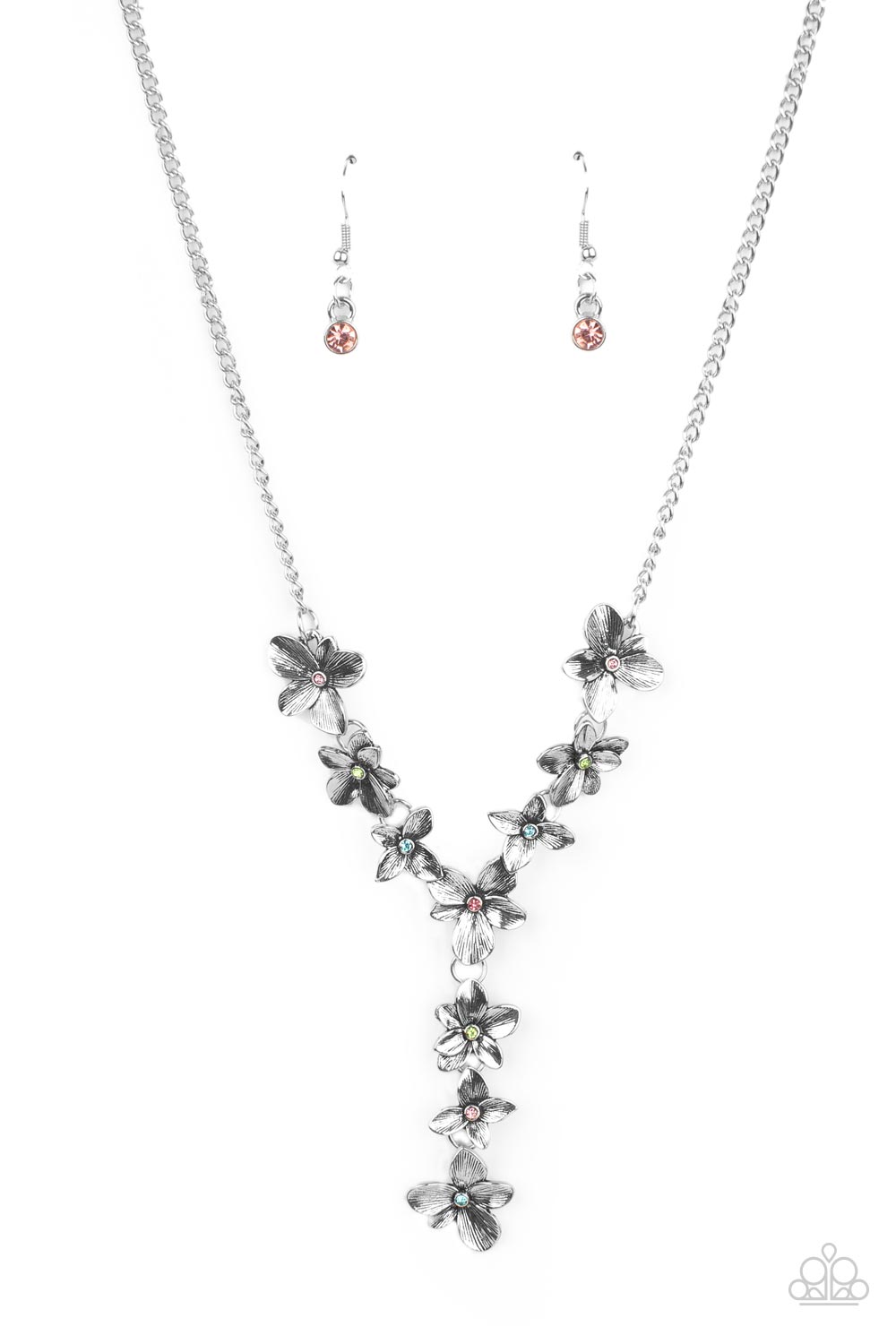 FAIRYTALE MEADOW - MULTI COLOR RHINESTONE SILVER FLOWER Y NECKLACE - PAPARAZZI