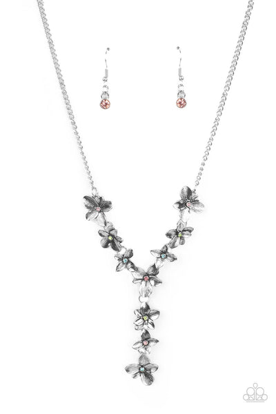FAIRYTALE MEADOW - MULTI COLOR RHINESTONE SILVER FLOWER Y NECKLACE - PAPARAZZI