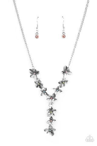 FAIRYTALE MEADOW - MULTI COLOR RHINESTONE SILVER FLOWER Y NECKLACE - PAPARAZZI