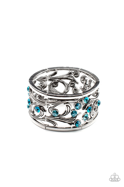 GARDEN MASQUERADE - BLUE RHINESTONE SILVER VINE STRETCHY BRACELET - PAPARAZZI