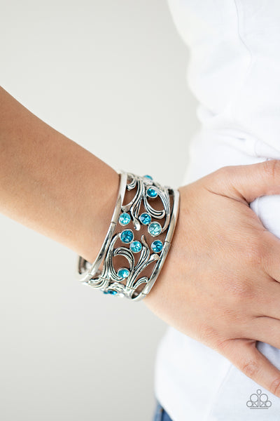 GARDEN MASQUERADE - BLUE RHINESTONE SILVER VINE STRETCHY BRACELET - PAPARAZZI
