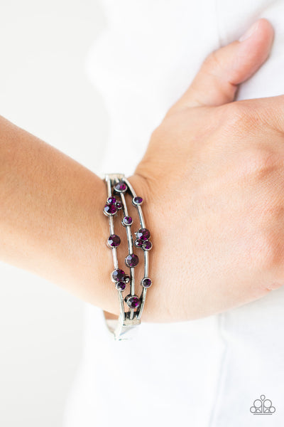 COSMIC CANDESCENCE - PURPLE RHINESTONE SILVER HINGED BRACELET - PAPARAZZI