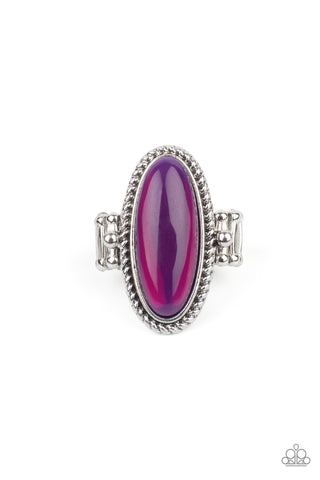 OVAL OASIS - PURPLE IRIDESCENT GLASSY BEAD SILVER RING - PAPARAZZI