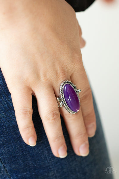 OVAL OASIS - PURPLE IRIDESCENT GLASSY BEAD SILVER RING - PAPARAZZI