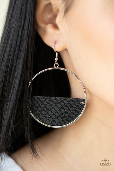 ANIMAL AESTHETIC - BLACK LEATHER PYTHON PRINT SILVER CIRCLE EARRINGS - PAPARAZZI
