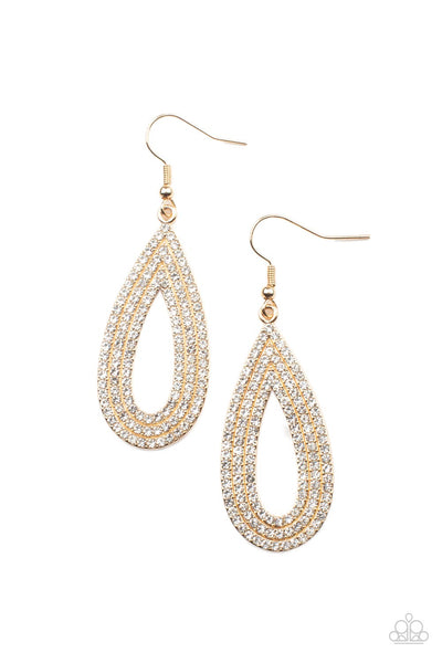 EXQUISITE EXAGGERATION - GOLD TEARDROP WHITE RHINESTONE EARRINGS - PAPARAZZI