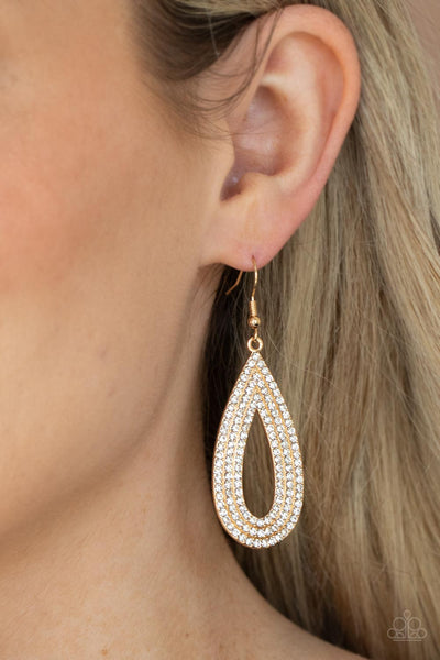 EXQUISITE EXAGGERATION - GOLD TEARDROP WHITE RHINESTONE EARRINGS - PAPARAZZI