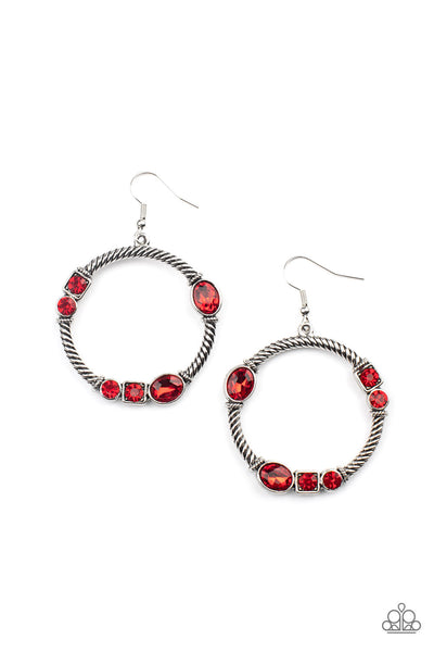 GLAMOROUS GARLAND - RED RHINESTONE SILVER CIRCLE EARRINGS - PAPARAZZI