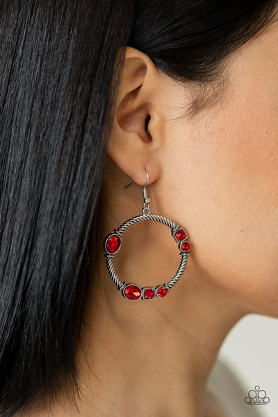 GLAMOROUS GARLAND - RED RHINESTONE SILVER CIRCLE EARRINGS - PAPARAZZI