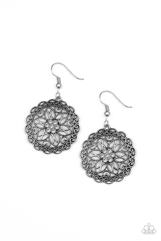 FLOWER SHOP SPARKLE - WHITE RHINESTONE SILVER PETAL EARRINGS - PAPARAZZI