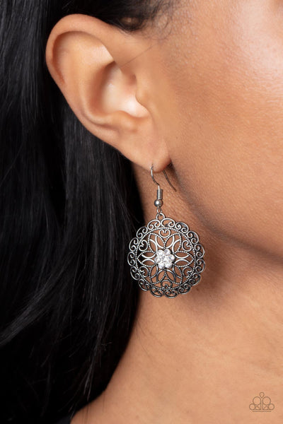 FLOWER SHOP SPARKLE - WHITE RHINESTONE SILVER PETAL EARRINGS - PAPARAZZI