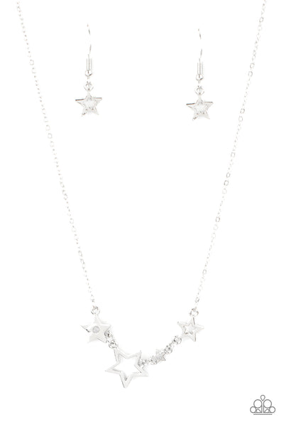 PROUDLY PATRIOTIC - WHITE RHINESTONE SILVER STAR SHORT NECKLACE - PAPARAZZI