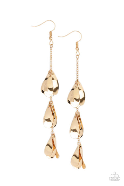 ARRIVAL CHIME - GOLD TEARDROP DISC DANGLE EARRINGS - PAPARAZZI