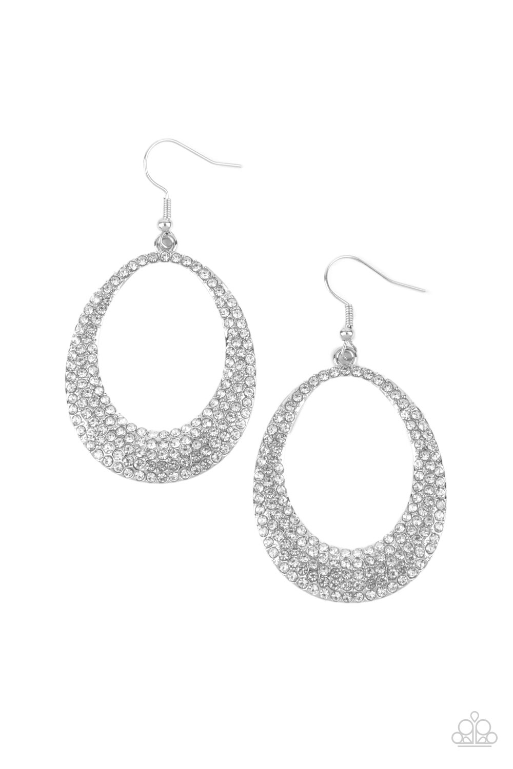 STORYBOOK BRIDE - WHITE RHINESTONE SILVER OVAL EARRINGS - PAPARAZZI