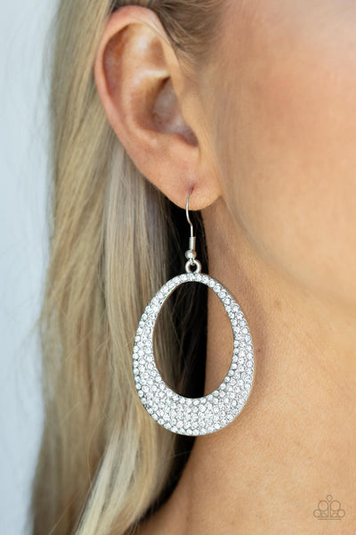 STORYBOOK BRIDE - WHITE RHINESTONE SILVER OVAL EARRINGS - PAPARAZZI