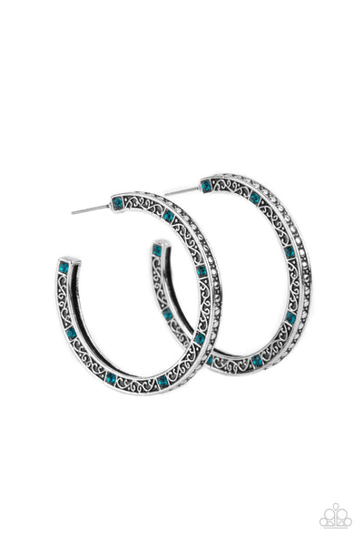 RICHLY ROYAL - BLUE RHINESTONE SILVER HOOP EARRINGS - PAPARAZZI