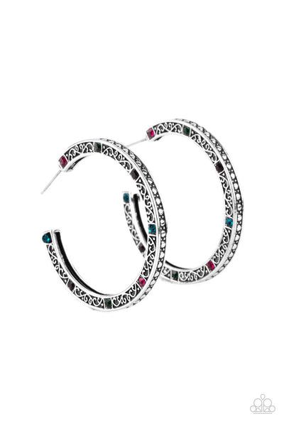 RICHLY ROYAL - MULTI COLOR RHINESTONE SILVER HOOP EARRINGS - PAPARAZZI