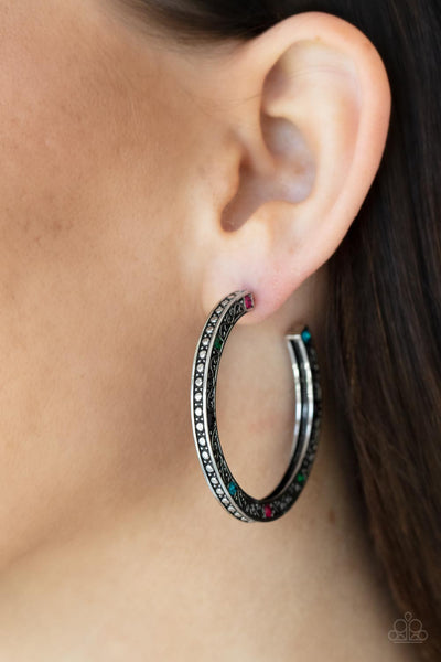 RICHLY ROYAL - MULTI COLOR RHINESTONE SILVER HOOP EARRINGS - PAPARAZZI