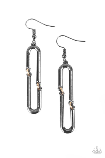 LINKED AND SYNCED - BLACK GUNMETAL AND GOLD LINK EARRINGS - PAPARAZZI
