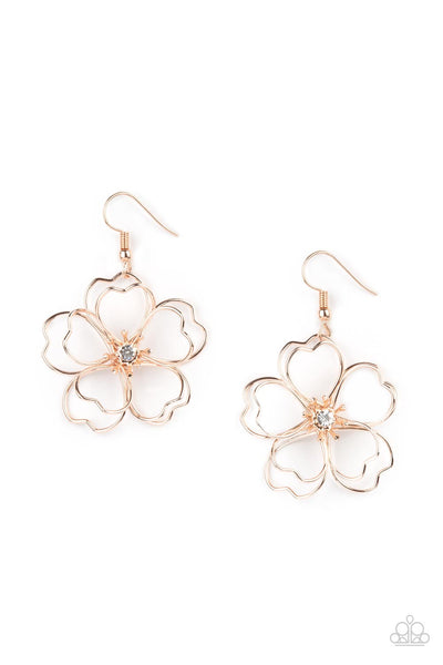 PETAL POWER - ROSE GOLD WIRE FLOWER RHINESTONE CENTER EARRINGS - PAPARAZZI