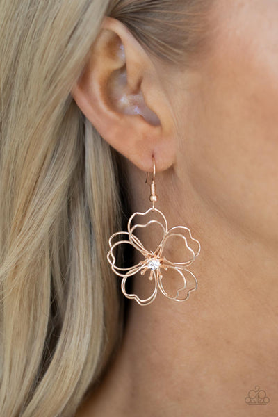PETAL POWER - ROSE GOLD WIRE FLOWER RHINESTONE CENTER EARRINGS - PAPARAZZI