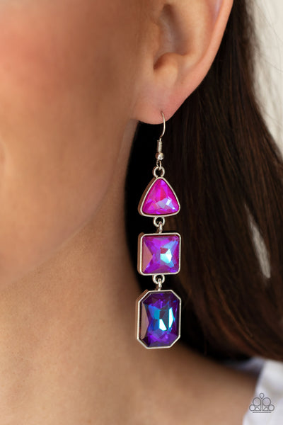 COSMIC CULTURE - PURPLE PINK BLUE UV SHIMMER GEM SILVER EARRINGS - PAPARAZZI