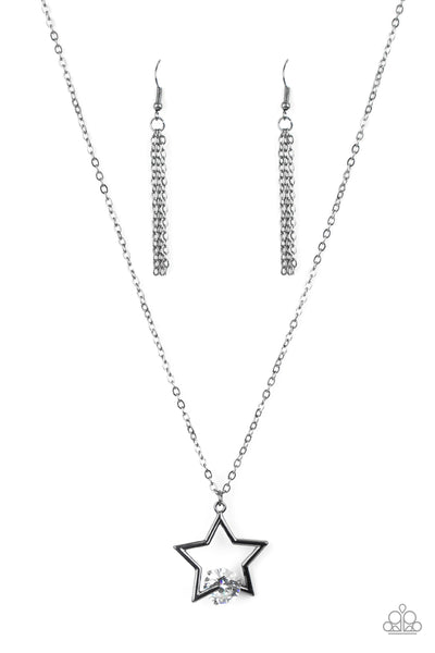 STARRY FIREWORKS - BLACK GUNMETAL STAR WHITE GEM NECKLACE - PAPARAZZI