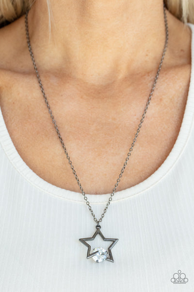 STARRY FIREWORKS - BLACK GUNMETAL STAR WHITE GEM NECKLACE - PAPARAZZI