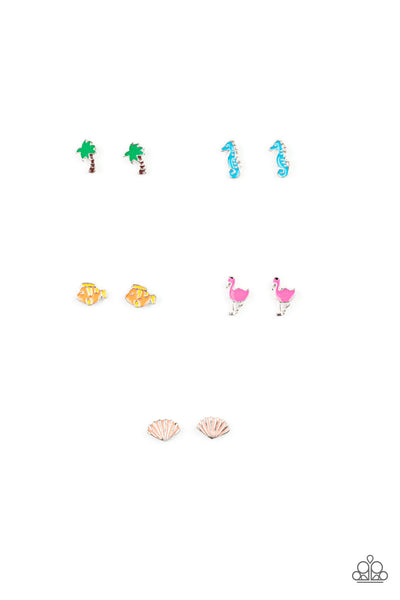 STARLET SHIMMER PALM TREE FLAMINGO SEA HORSE SHELL FISH EARRING -SET OF 5