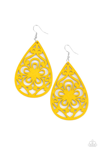 MARINE EDEN - YELLOW WOODEN TEARDROP EARRINGS - PAPARAZZI