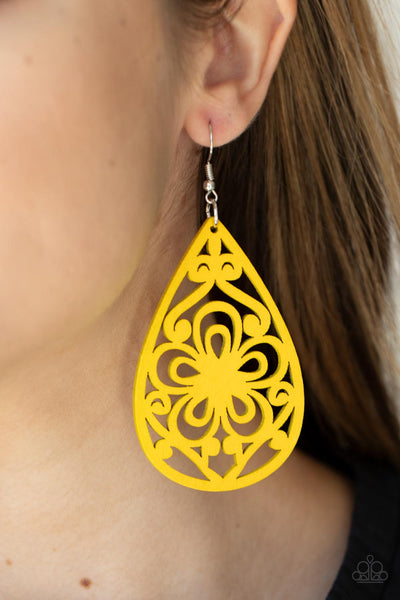 MARINE EDEN - YELLOW WOODEN TEARDROP EARRINGS - PAPARAZZI