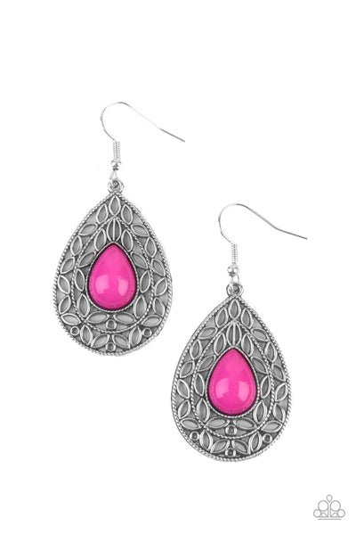 FANCIFUL DROPLETS - PINK BEAD SILVER LEAF TEARDROP EARRINGS - PAPARAZZI