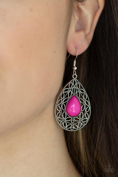 FANCIFUL DROPLETS - PINK BEAD SILVER LEAF TEARDROP EARRINGS - PAPARAZZI