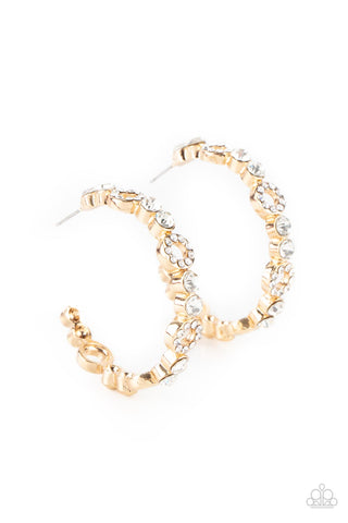 SWOON-WORTHY SPARKLE - GOLD WHITE RHINESTONE HOOP EARRINGS - PAPARAZZI