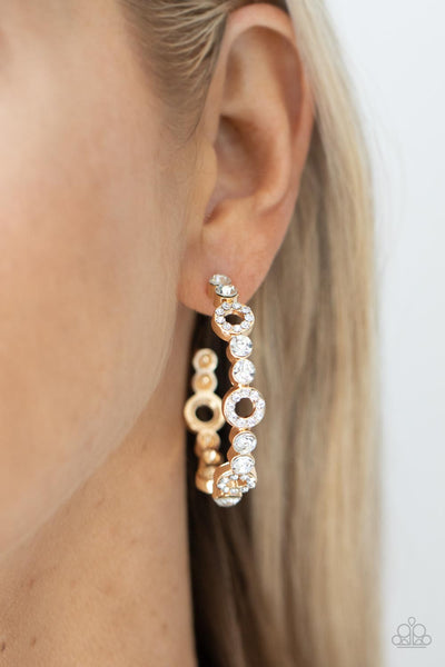 SWOON-WORTHY SPARKLE - GOLD WHITE RHINESTONE HOOP EARRINGS - PAPARAZZI